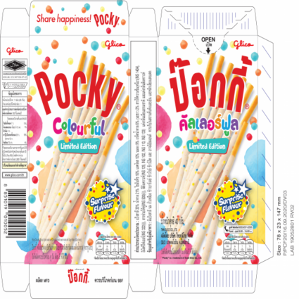 POCKY COLOURFUL BISCUIT STICK COATED WITH CITRUS FLAVOURED CREAM MIXED WITH SUGAR FLAKE